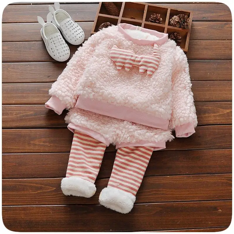 Winter Lovely Long stripe Clothes Baby Girl pink Tops Kids Pearl Velvet
