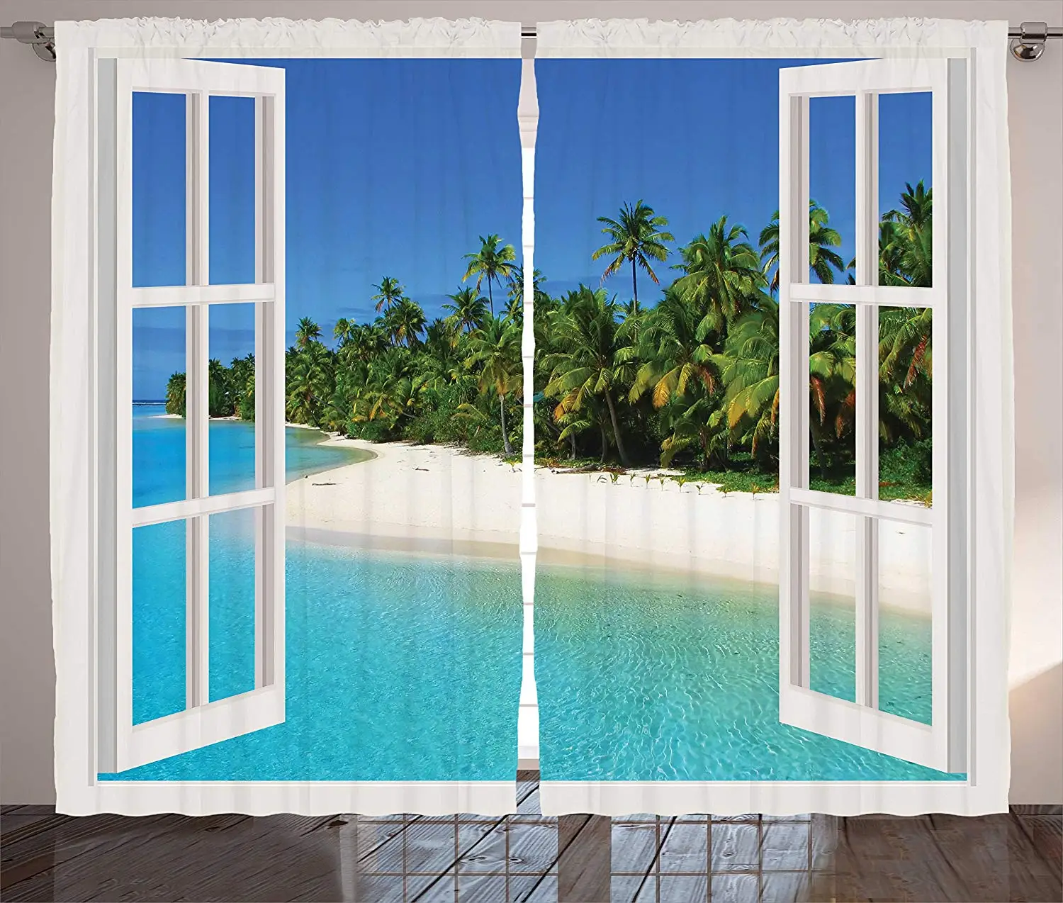 

Turquoise Curtains Ocean Paradise Island View from Gazebo Palm Tree Beach Theme Pictures Arts Living Room Bedroom Window Drapes