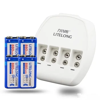 

4X 9v High capacity 880mAh li-ion lithium Rechargeable 9 Volt Battery + 4 slots 9v Dedicated charger for microphone