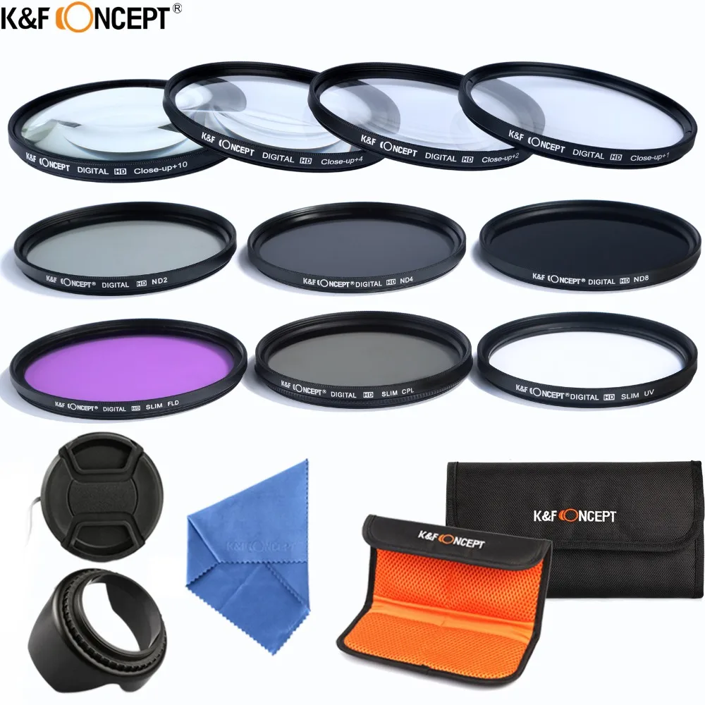 K&F CONCEPT Camera Lens Filter Set 10pcs 58mm UV CPL FLD ND2 4 8+Cap
