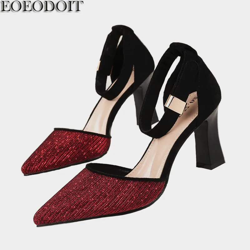 

EOEODOIT Sequnied Pumps Shoes Women 2018 Autumn Pointed Toe Ankle Buckle Shallow Mouth Chunky Heel Office Club Heels Shoes 8 cm