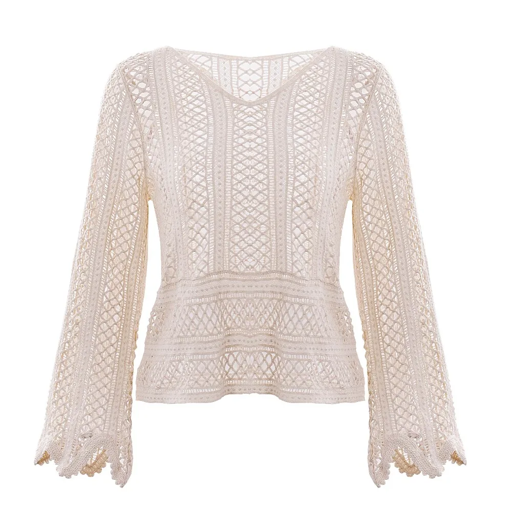 

Korean Version Sexy Hollow Out Women Sunproof Blouse V Neck Transparent Tops Summer Vintage Blouses