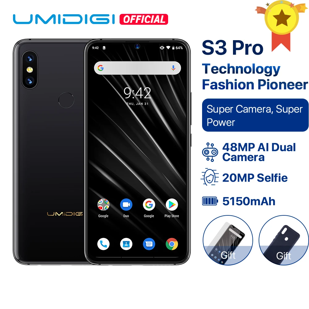 Смартфон UMIDIGI S3 PRO на Android 9 0 48 Мп + 12 20 МП 5150 мАч большая мощность 128 ГБ 6 3 дюйма FHD