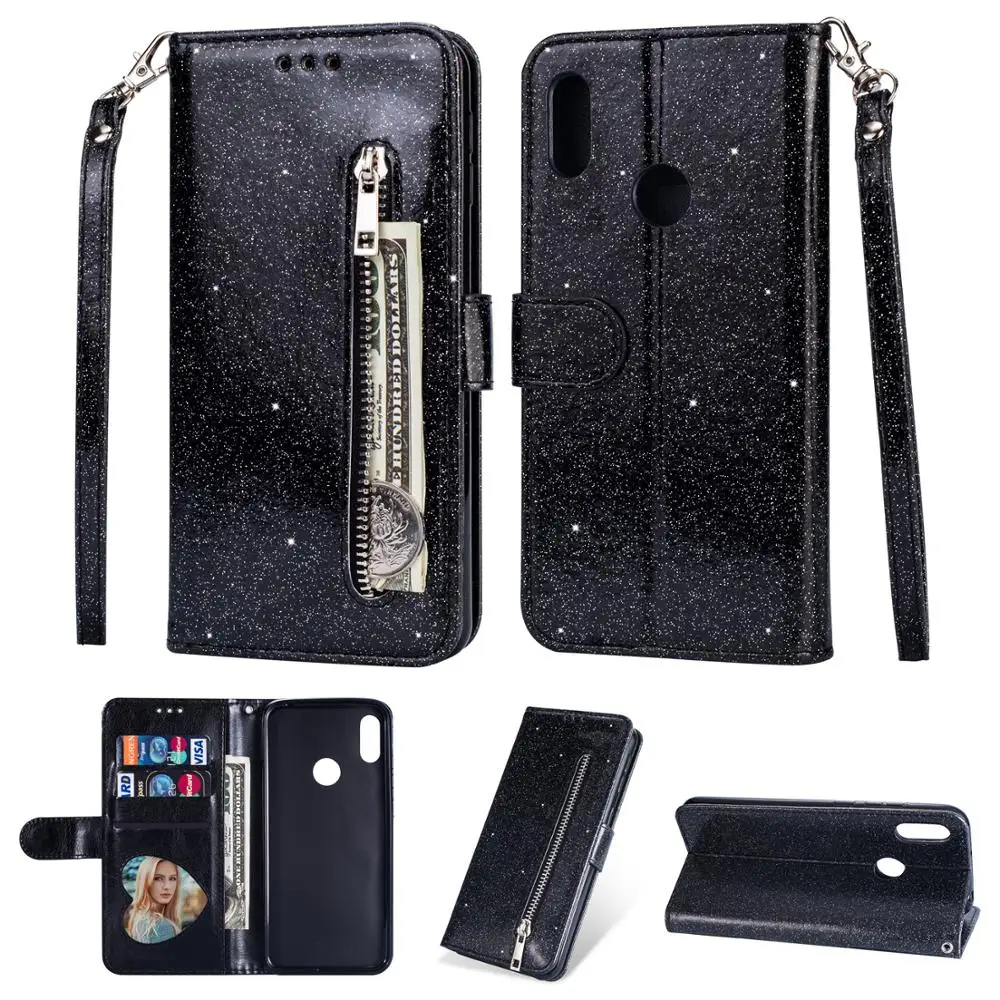 Luxury Zipper Wallet Leather Bling Case For Huawei Y6 2019 Honor 8A Stand Cover Coque | Мобильные телефоны и аксессуары