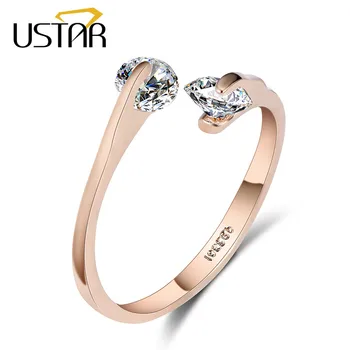 USTAR AAA Zircon Wedding Rings for women opening Rose gold color Crystal engagement rings female anel adjustable size