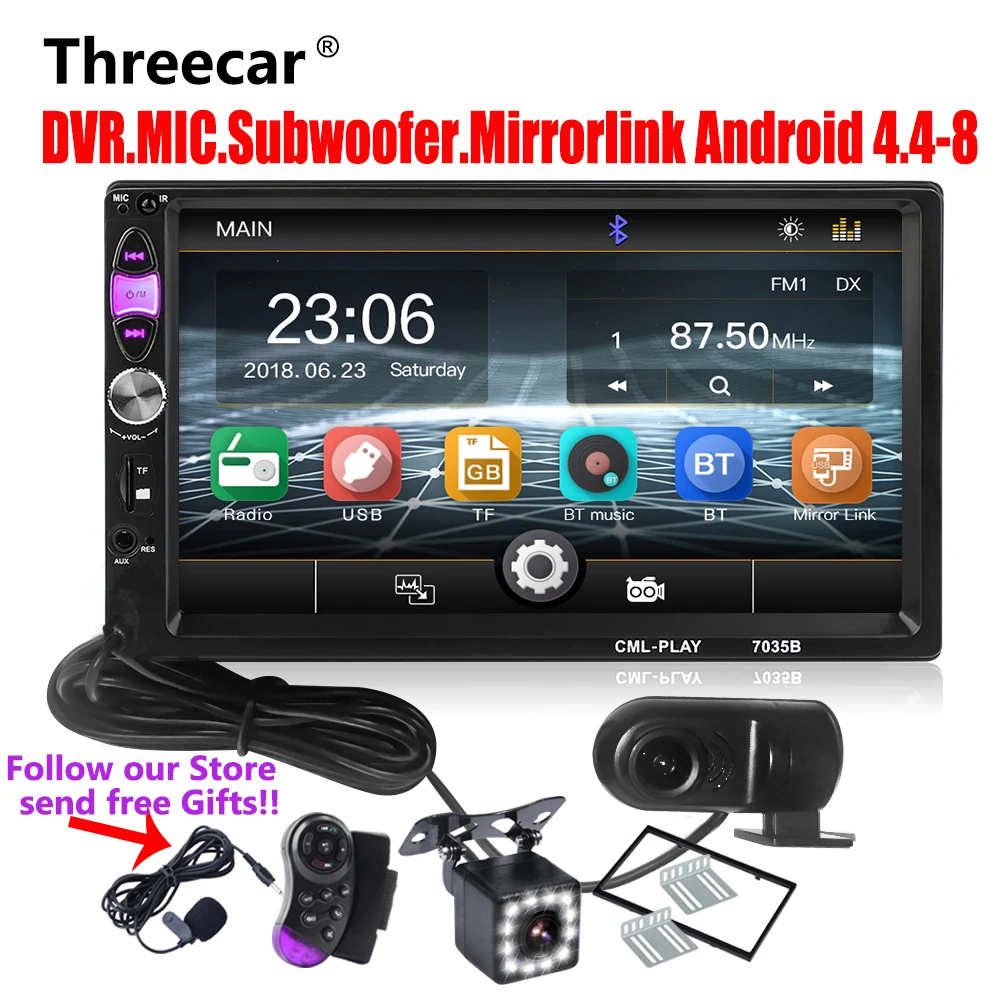 

Threecar 2din Car Radio Mirror Link Android Autoradio for subwoofer Bluetooth handsfree USB DVR MIC Rearview Camera 2 Din Radio