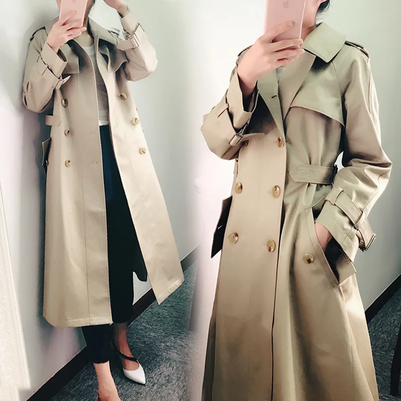 2018 Spring Autumn Long Slim Waist Khaki Double Breasted long Trench