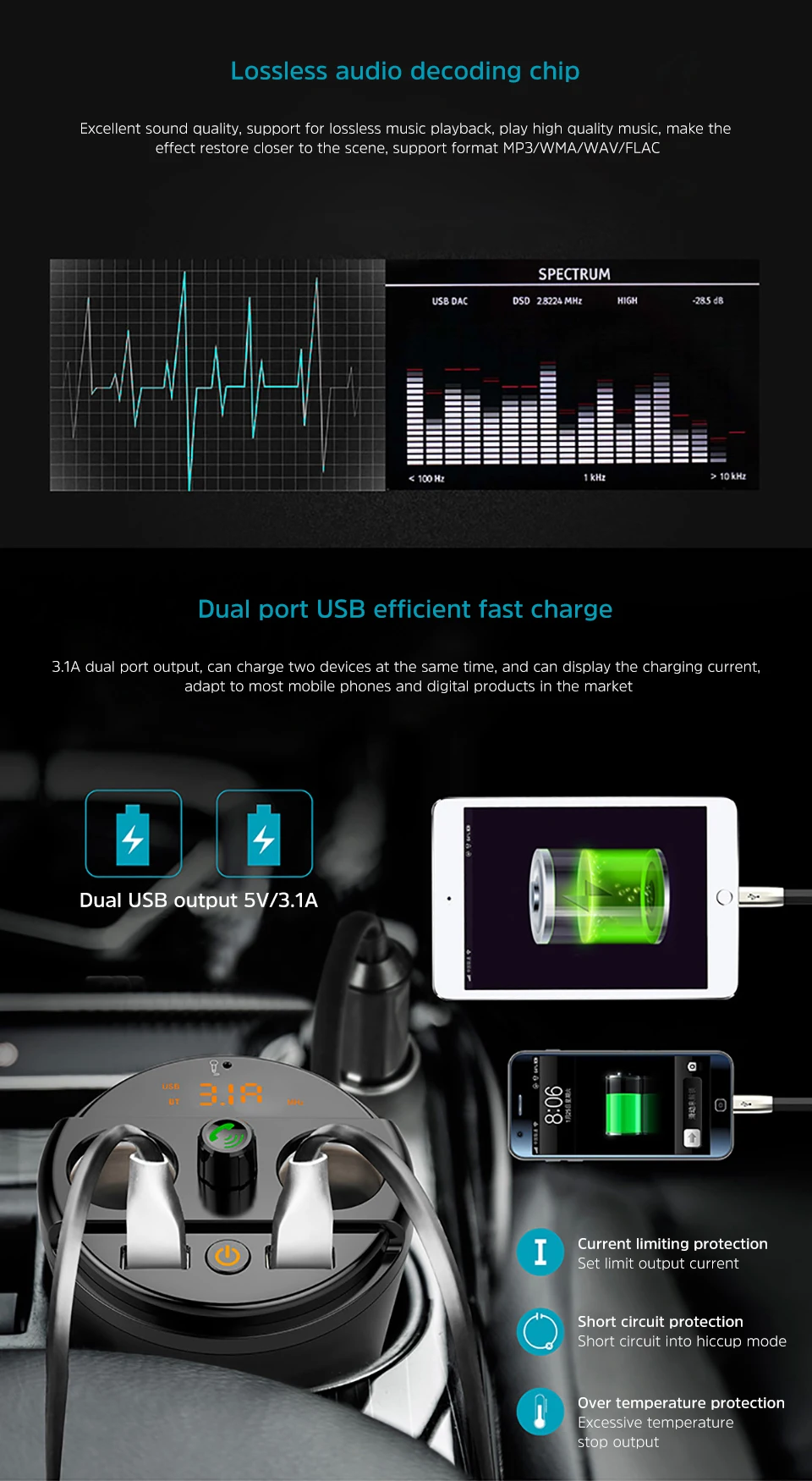 AOSHIKE FM Transmitter Bluetooth Car Music MP3 Player Free Hands Cup Holder Car Cigarette Kit Light weight 2 USB Car Charger