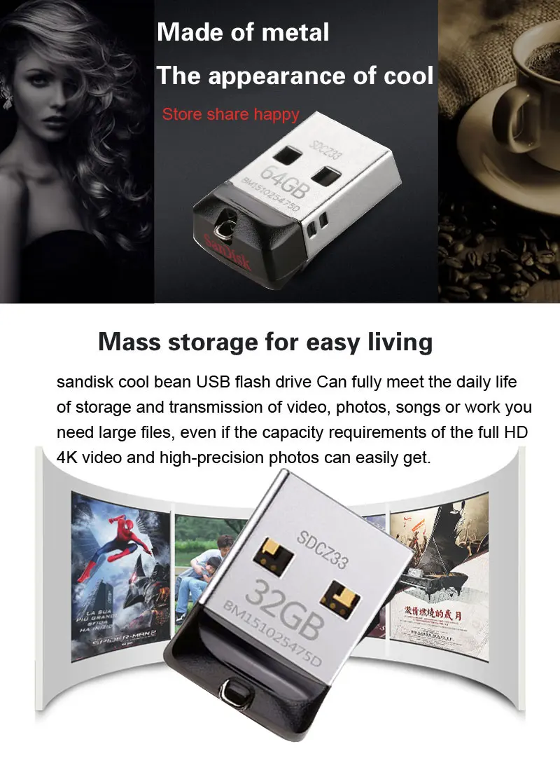 SanDisk USB флеш-накопитель Cruzer Fit CZ33 64 ГБ 32 ГБ 16 ГБ супер мини-флеш-накопитель USB 2,0 карта памяти 8 Гб U диск