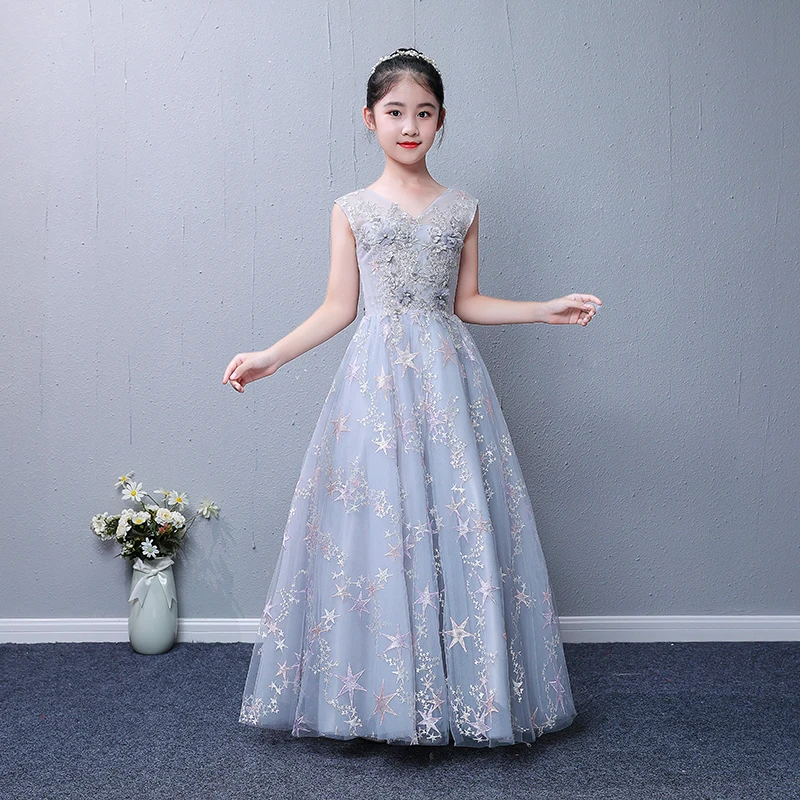 

V-neck Appliques Flower Girl Dresses for Wedding Embroidery Stars Holy Communion Dress Lace Up Backless Party Vestidos B333