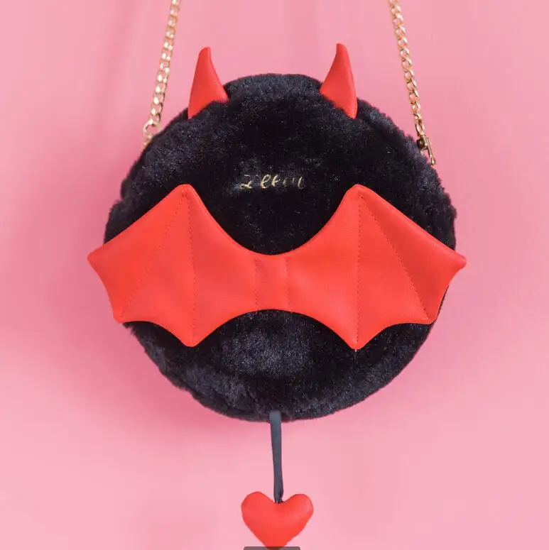 

Little Devil Plush Fluffy Women's Shoulder Bag Mini Phone Wallet Bag Purse Cartoon Lolita Chain Strap Sweet Girl Cute