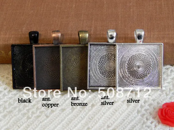 

Free Ship!!! 50pcs - 25mm Square Pendant Trays Choice of Colors - Bronze, Copper, Silver, Black can choose