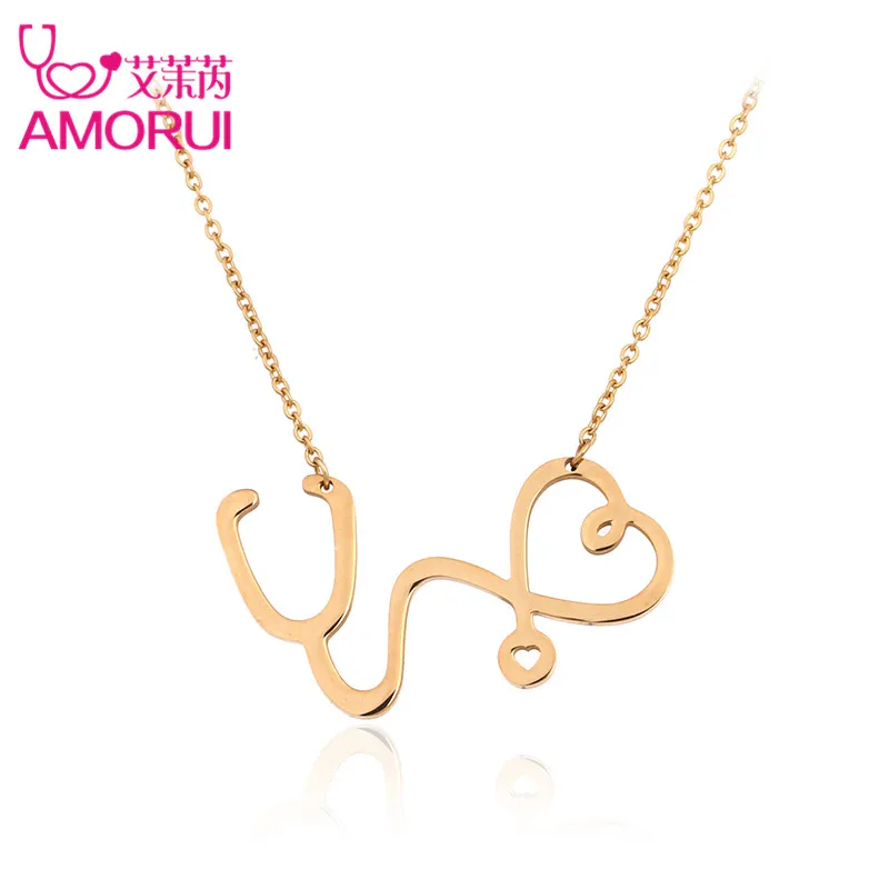 AMORUI Women Heart Necklace Jewelry Stainless Steel Medical Stethoscope Rose Gold/Gold/Silver Color Choker Necklaces Pendants