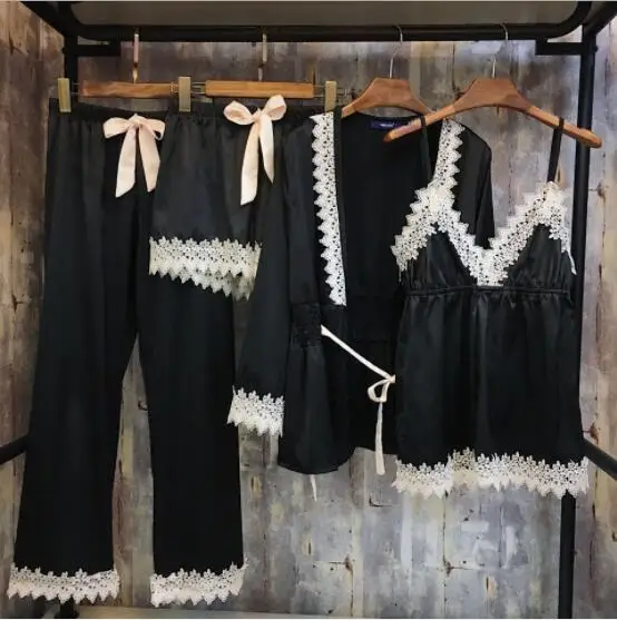 Женский сексуальный Шелковый Атласный пижамный комплект кружевной Халат+ ночная рубашка+ топ+ брюки 4 шт. модный пижамный комплект ночное белье домашняя одежда для женщин - Цвет: Черный