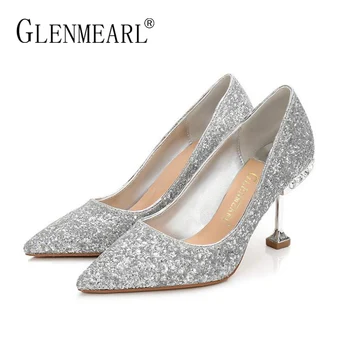 

Brand Women Pumps High Heels Shoes Spring Bling Glitter Thin HeelS Pumps Lady Rhinestone Pointed Toe Wedding Shoes Woman Gold DE