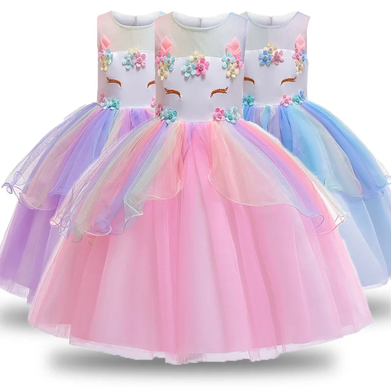 

Children Kids Halloween Unicorn Costume 3-10Y Flower Girl Tutu Dress Pink Pastel Princess Unicorn Girl Birthday Party Dress 2019
