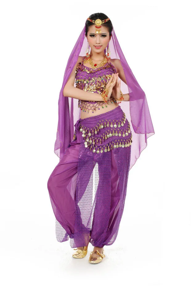 Новейший Болливуд Индийский танец живота костюмы для женщин Дешевые цены 5 шт. Комплект женский топ+ брюки+ пояс+ вуаль+ цепочка на голову