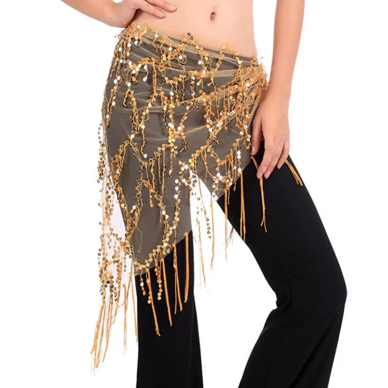 

Women Mesh Triangular Hand Make Beads Sequin Tassles Belly Dance Wrap Hip Scarf Dancing Costumes