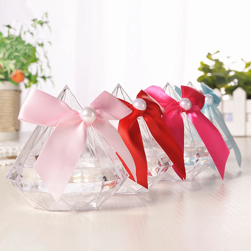 

1pc Wedding Decoration Jewelry Ring Box with Bowknot Clear Diamond Shape Candy Flower Boxes for Birthday Party Anniversary
