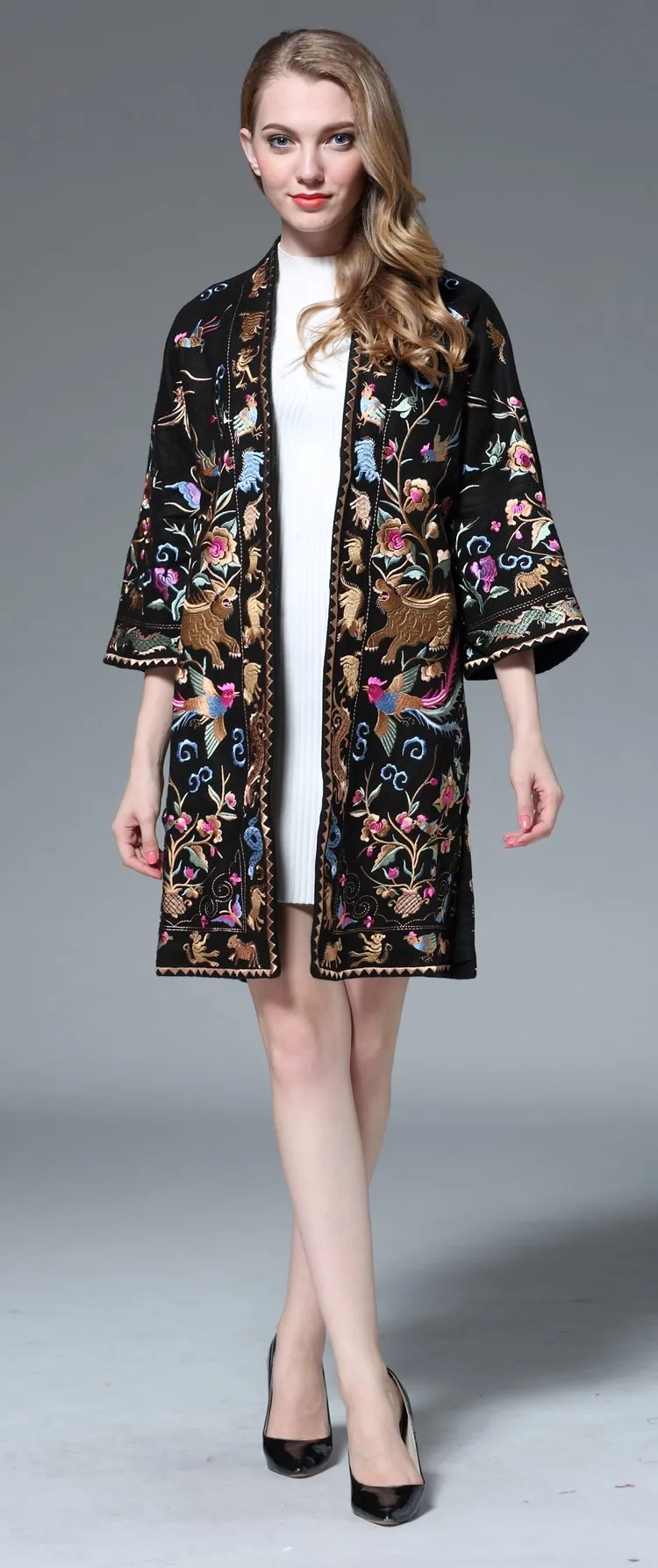 Женское леопардовое шерстяное пальто с цветочной птицей и вышивкой животных, с расклешенными рукавами, длинное повседневное кашемировое пальто на зиму, свободная теплая верхняя одежда 8821