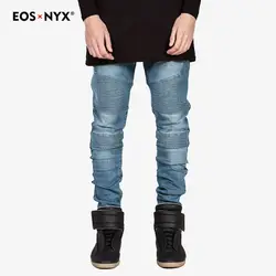 Eosnyx Джастин Бибер Лето байкерские джинсы Kanye West обтягивающие джинсы мужские черные Европейский джинсы Homme Spijkerbroek Mannen