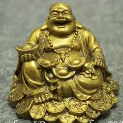 Китайский Латунь Буддизм Богатство Монета YuanBao Счастливый Смех Статуи Будды Майтреи (A0314)