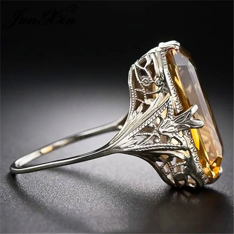 JUNXIN Anitique 925 Sterling Silver Filled Yellow Stone Rectangle Big Rings For Women Men Vintage Zircon Charm Wedding Bands CZ