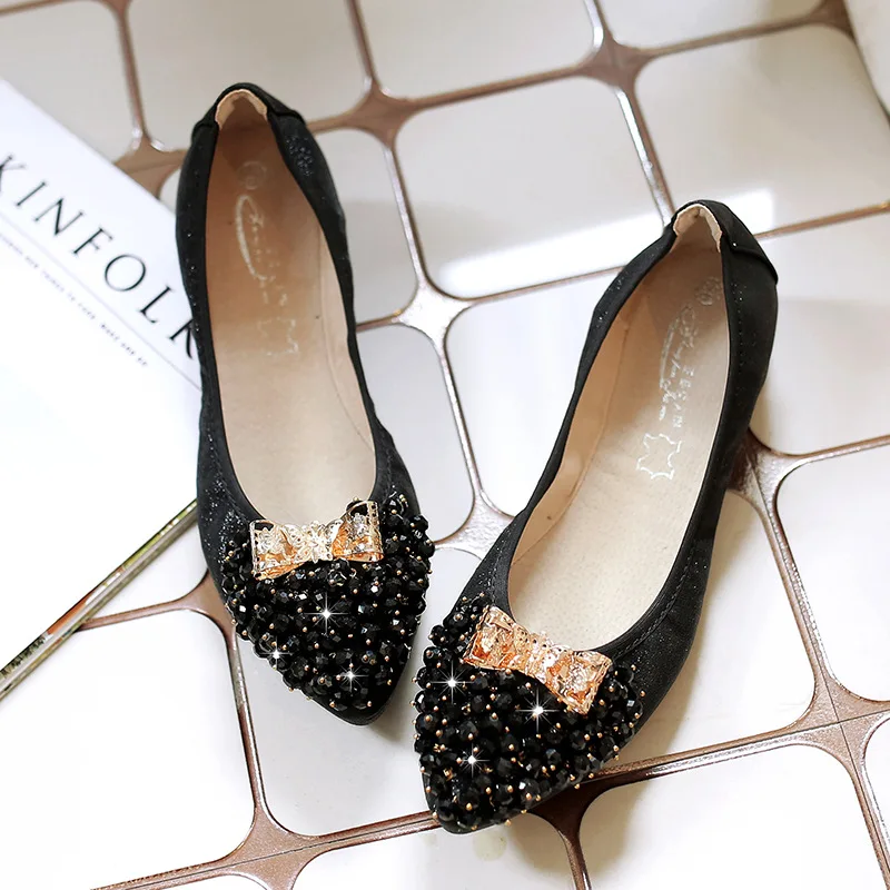 

Casual Solid Women Basic Low Heel Pumps Crystal Shallow Metal Decoration Slip-On Single Shoes Pointed Toe With Ladies Pumps