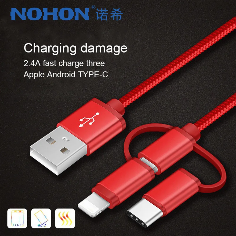 

NOHON 3 in 1 Nylon Lighting Micro USB Type C Charge Cable For iPhone X 8 7 Fast Charging Cables For Xiaomi5 Samsung Galaxy S8 1M