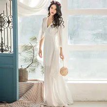 Новое летнее женское винтажное длинное шифоновое платье в стиле ретро дамский плащ с рукавом средней длины с высокой талией и v-образным вырезом