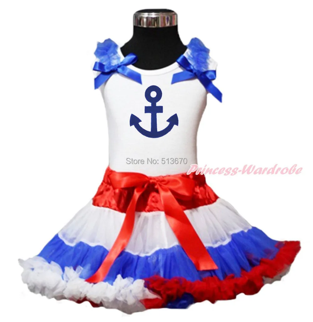 

Blue Anchor Print White Top Shirt Red White Blue Pettiskirt Baby Girl Outfit Costume Set 1-8Y MAPSA0089