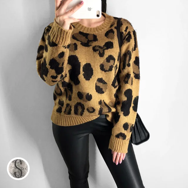 Leopard Print Cashmere Sweater Women Pullover Mohair Sweater Korean Long Sleeve Knit Pullovers O-Neck Winter Warm Jumper Tops