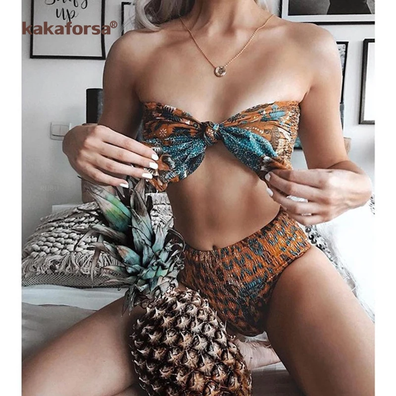 

Kakaforsa Sexy High Waist Knot Bikini Set Women Print Swimwear Two Piece Halter Swimsuit Bikini 2019 Brazil Biquini for Female