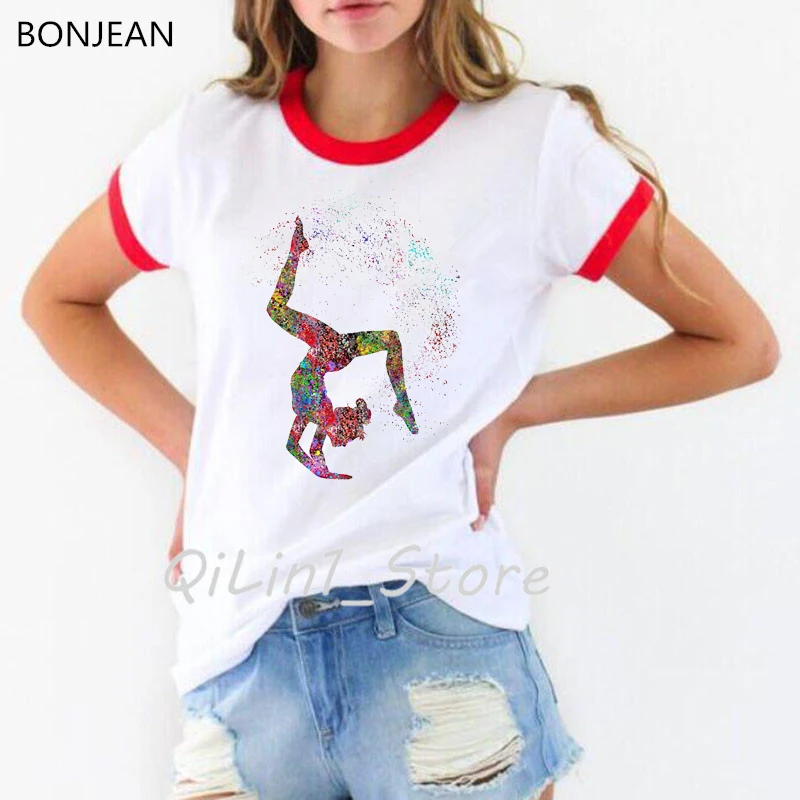 Акварельная гимнастическая Футболка с принтом для девочек, Женская забавная модная футболка, женские летние топы, женская футболка, уличная одежда