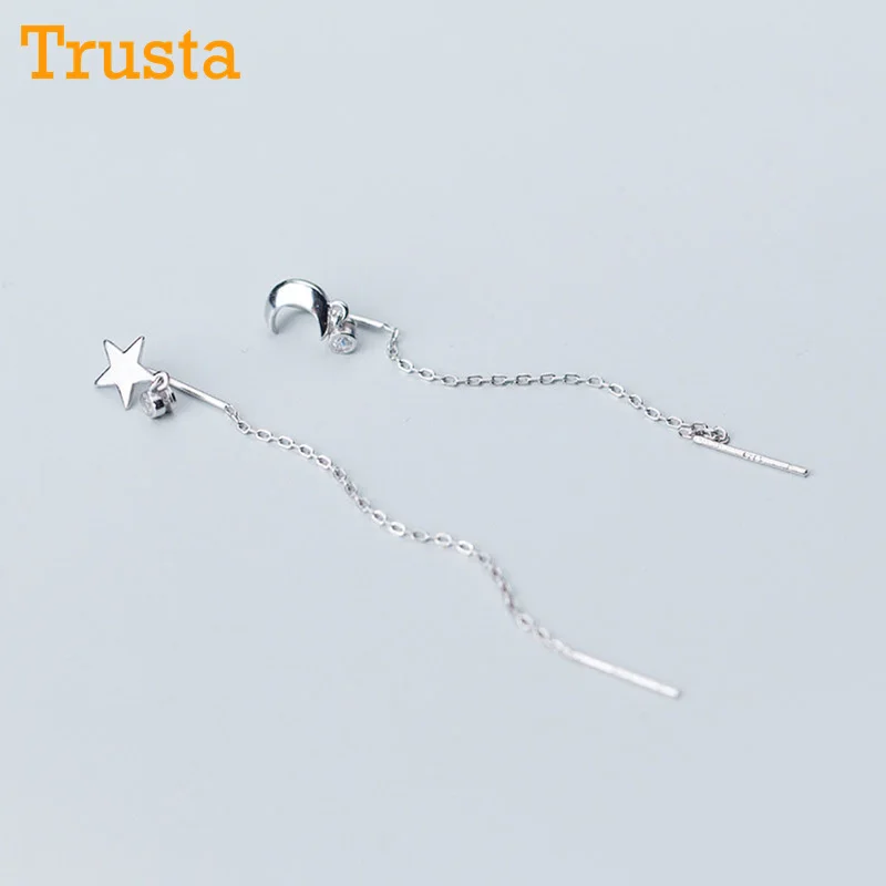 

Trusta 100% 925 Solid Real Sterling Silver Asymmetric Star Moon Linked 6.5cm Drop Stick Stud Earring For Girl Friend Gift DS1094