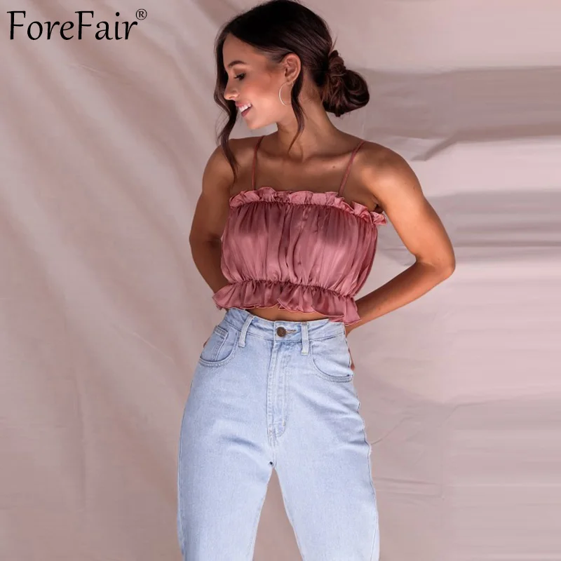 

Forefair Strapless Ruffles Summer Crop Tops Women Sleeveless Sexy Camis Ruched Short Solid Tops Femme Streetwear