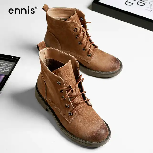 ENNIS 2018 Pigskin Retro Booties Genuine Leather Lace Up Martin Boots High Quality Ladies