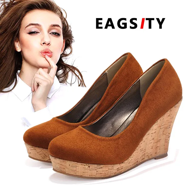 

EAGSITY Pumps women wedges shoes platform round toe slip on shallow beach wedding casual ladies dress party shoes 10cm height