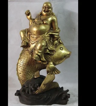 

zhmui88002606<+16" China Buddhism Copper Brass Fish Yuanbao Wealth Money Maitreya Buddha Statue