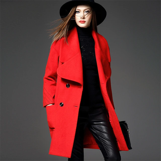Best price at $131 Cheap Fashion Women Woolen Coat Winter Wide-Wasited Long Turndown Collar Overcoat New Spring Red Black Coats Long Wool Outerwear