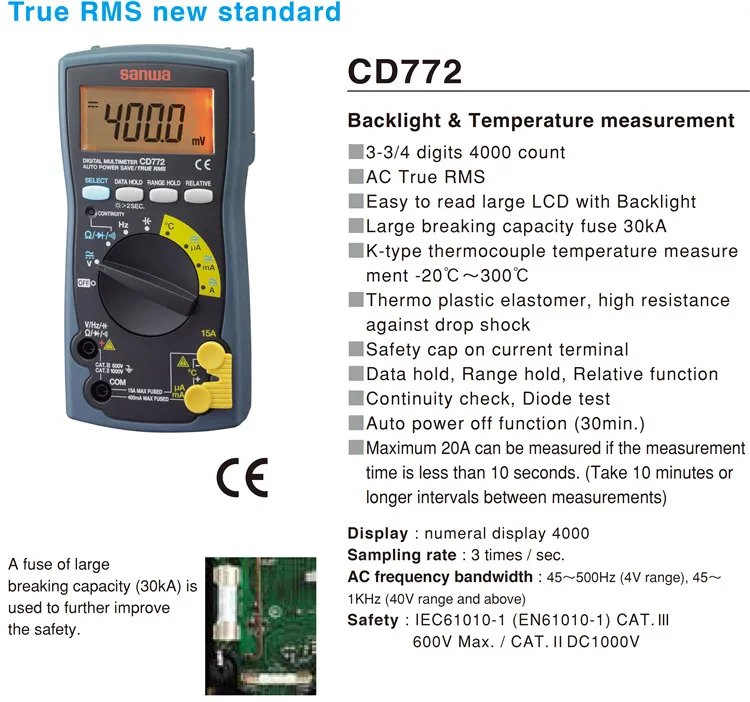 Sanwa CD772 Стандартный True RMS цифровой мультиметр с подсветкой резистор/конденсатор/частота/диод/температура тест