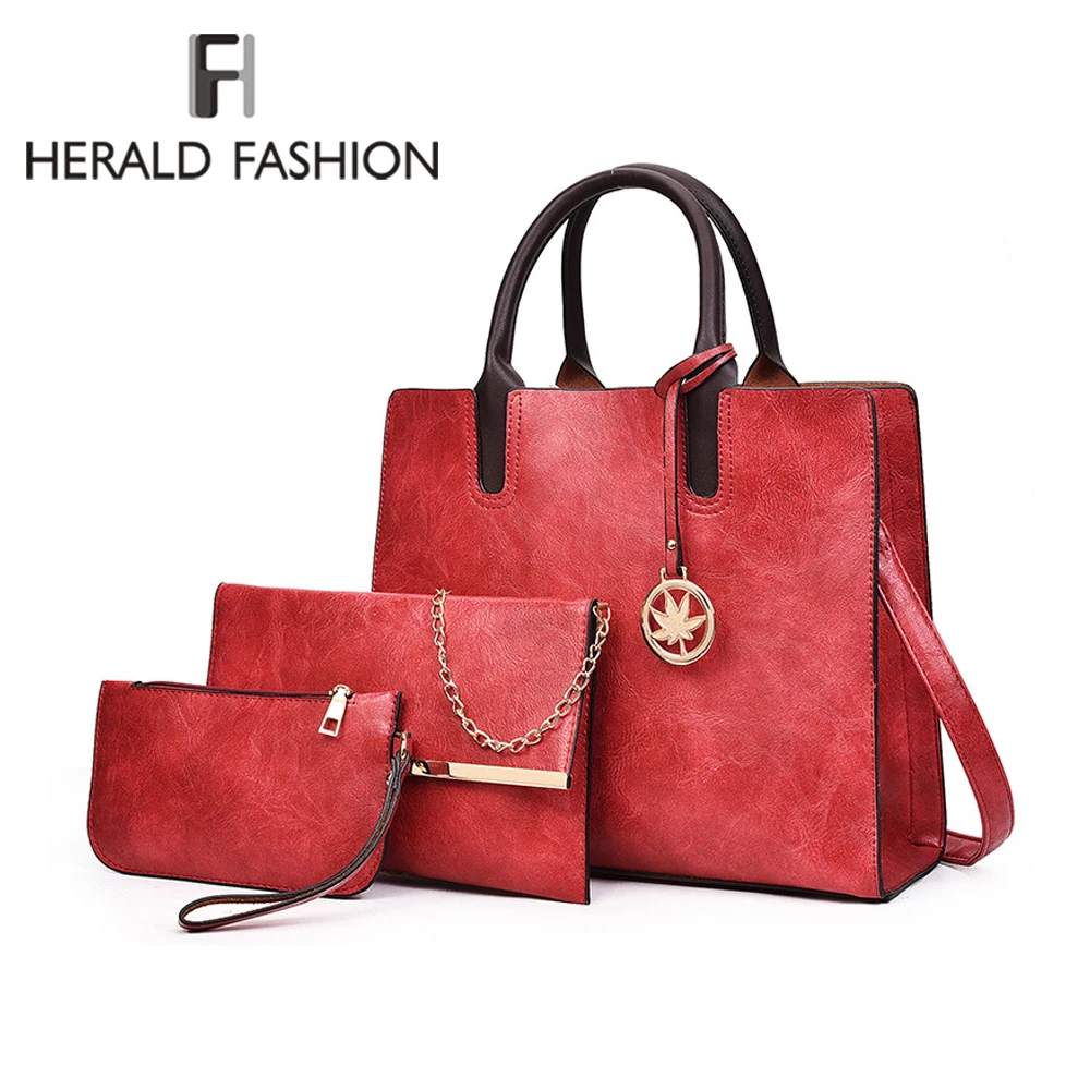 

Herald Fashion Women Bags Set 3 Pcs Leather Handbag Women Large Tote Bags Ladies Shoulder Bag Handbag+Messenger Bag+Purse