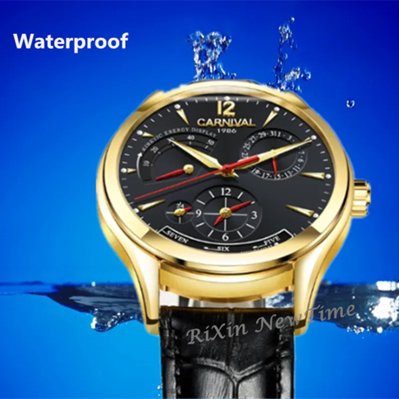 New Carnival energy display Men automatic mechanical Watches Luxury Brand Waterproof Watch military genuine leather strap montre