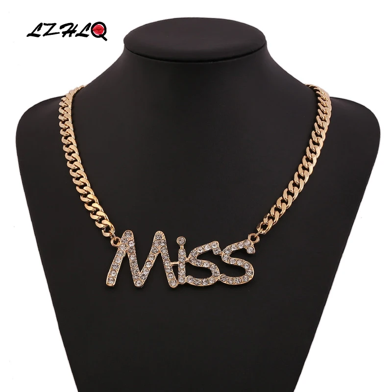 

LZHLQ Fashion Maxi Word Rhinestone Pendant Necklace Trendy Thick Metal Necklace Women Brand Clavicle Chain Jewelry Accessories