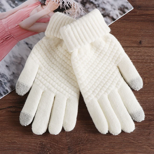 1Pair Full Finger Mittens Women Winter Thicken Warm Knitted Wool Gloves