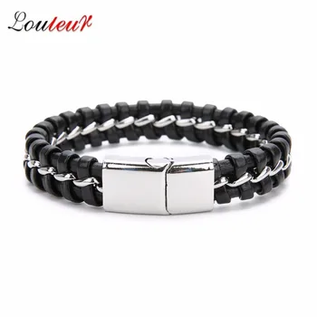 

LOULEUR Punk Black Leather & Stainless Steel Braided Bracelets for Men Vintage Magnet Clasps Weave Pulsera de hom Jewelry