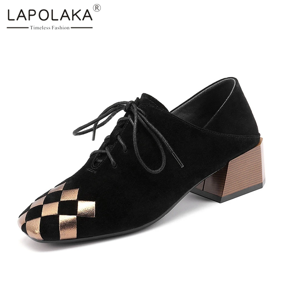 

Lapolaka Brand New Big Size 34-42 Kid Suede Ladies Chunky Heels Lace Up Shoes Woman Casual Party Ol Autumn Spring Pumps