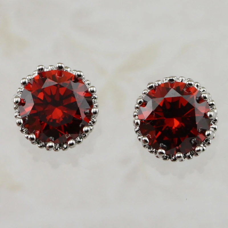 Amazing Grace Nice Fire Red Round CZ Gems Stud Earrings Rhodium Plated ...