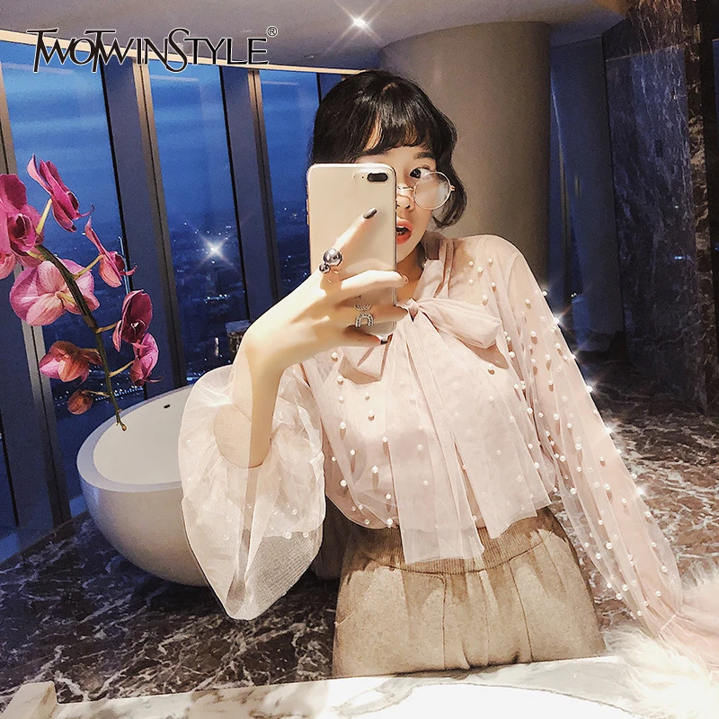 

TWOTWINSTYLE Beading Mesh Shirt Female Lace Up Bow Flare Sleeve Blouse Tops For Women Spring Basic Sweet Fashion Clothing