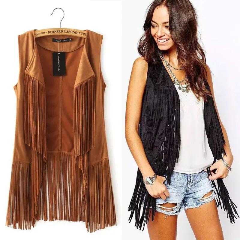 

2017 autumn winter suede ethnic sleeveless tassels fringed vest cardigan black khaki Retro Suede Leather Vest Women Waistcoat